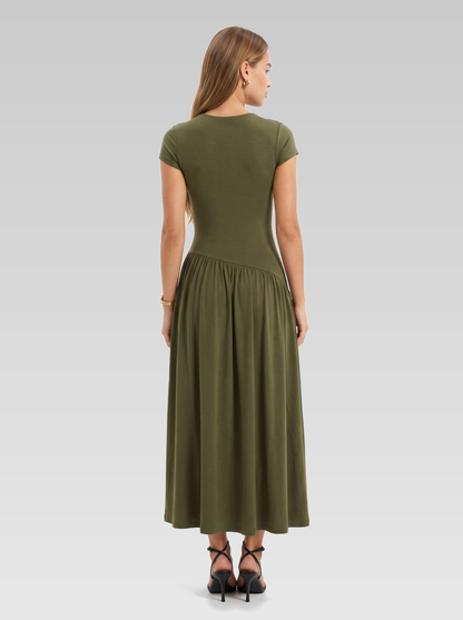 Cap Sleeve High Neck A-Line Maxi Dress — Olive Green — View 3