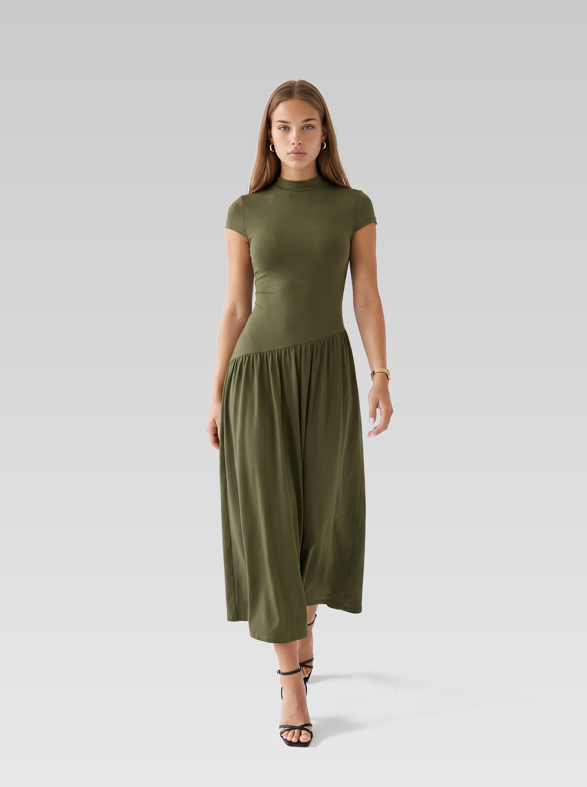 Cap Sleeve High Neck A-Line Maxi Dress — Olive Green — View 4