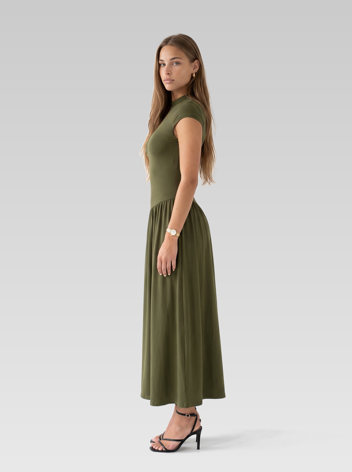Cap Sleeve High Neck A-Line Maxi Dress — Olive Green — View 5