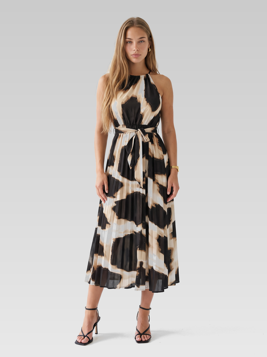 Black Halter Neck Midi Dress — Black Cream Print — View 1