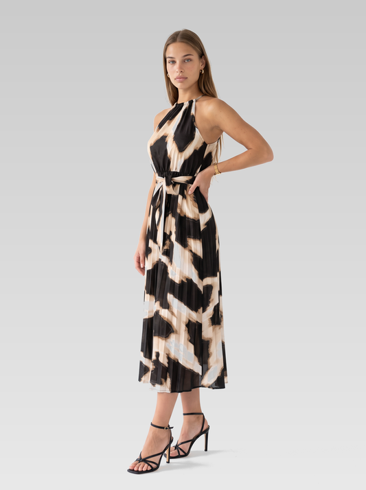 Black Halter Neck Midi Dress — Black Cream Print — View 2