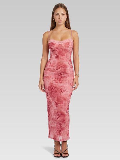 Pink Floral Corset Maxi Dress — Pink Floral — View 1
