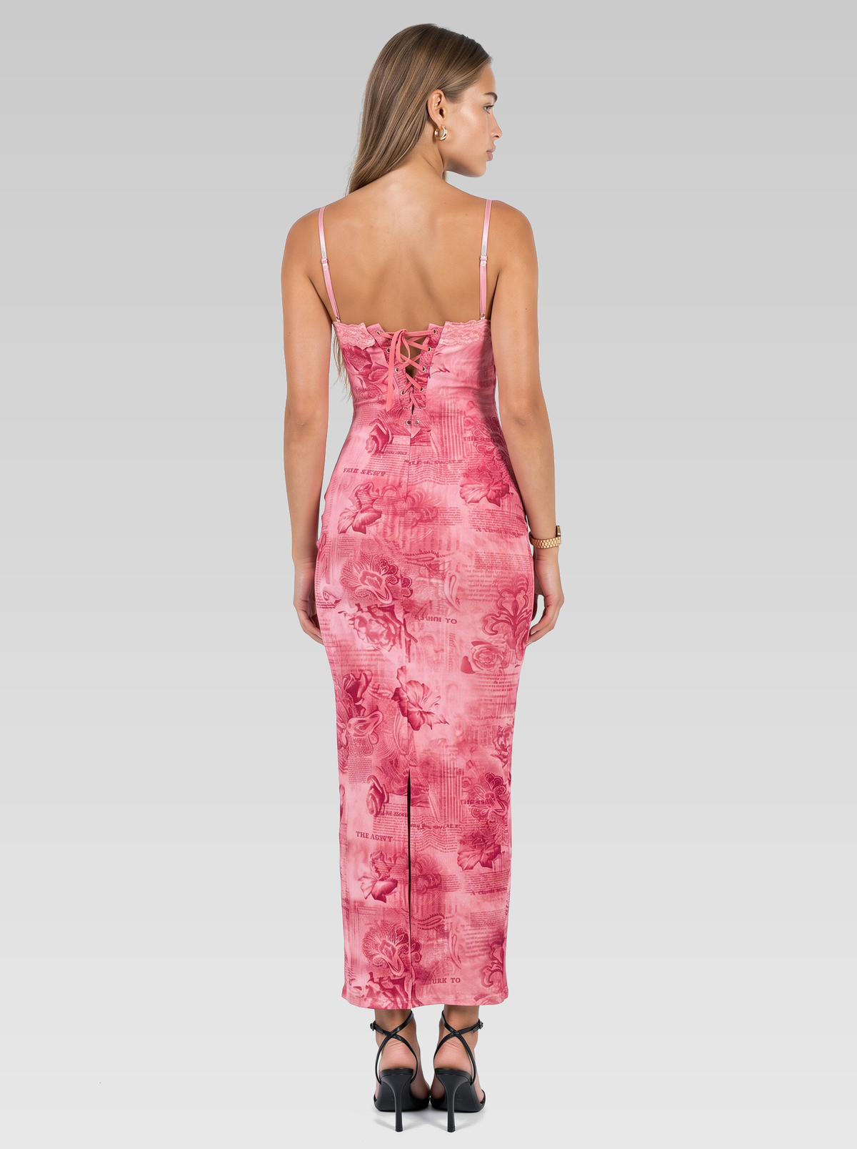 Pink Floral Corset Maxi Dress — Pink Floral — View 3