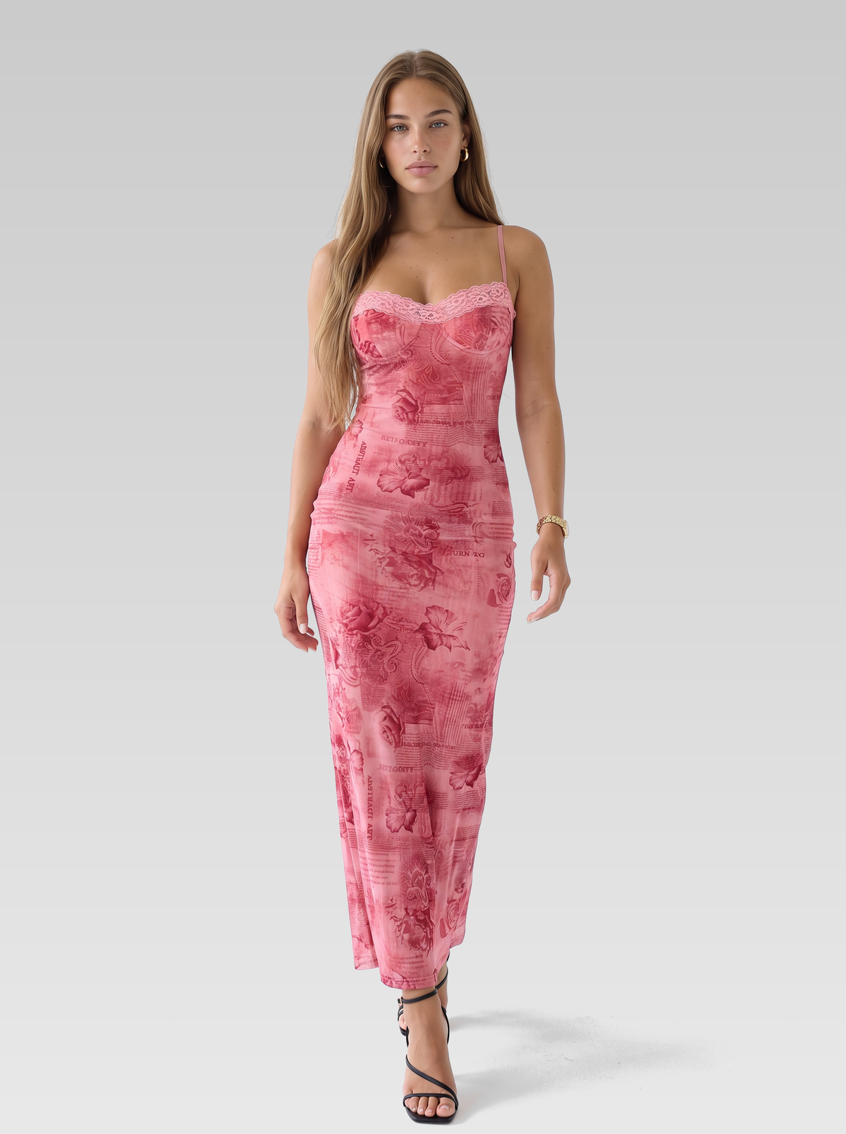 Pink Floral Corset Maxi Dress — Pink Floral — View 4