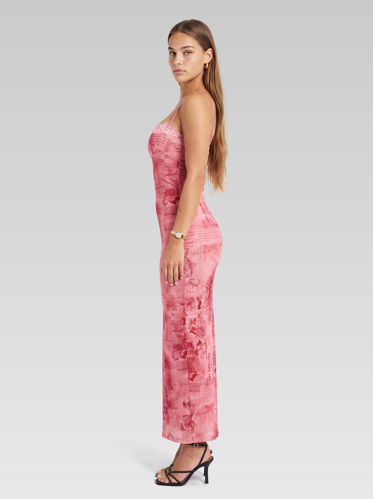 Pink Floral Corset Maxi Dress — Pink Floral — View 5