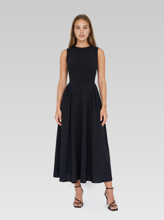 Black Sleeveless Pleated Midi Dress — Black — View 1
