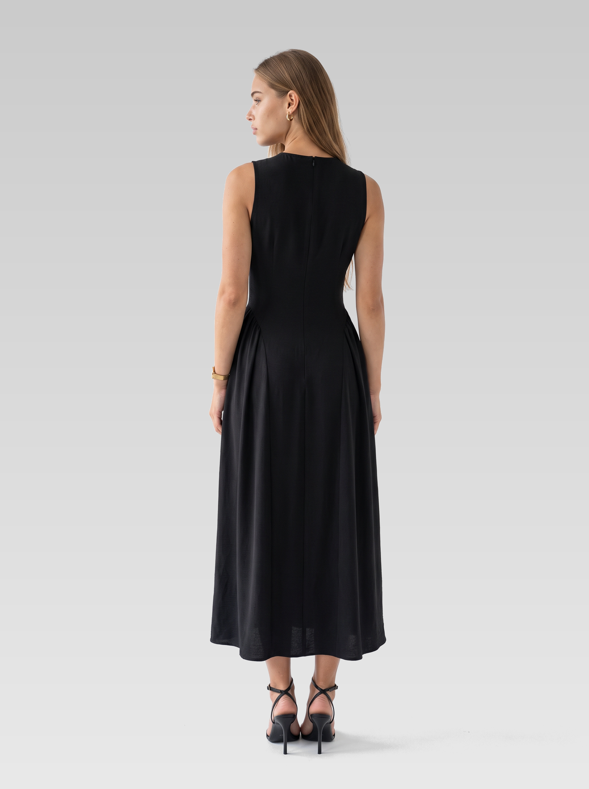 Black Sleeveless Pleated Midi Dress — Black — View 3
