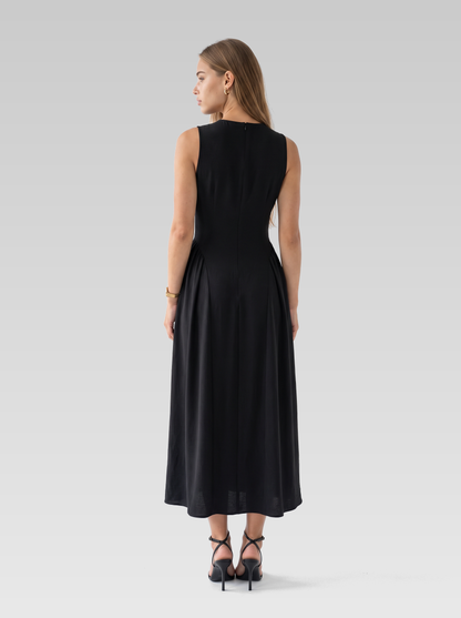 Black Sleeveless Pleated Midi Dress — Black — View 3