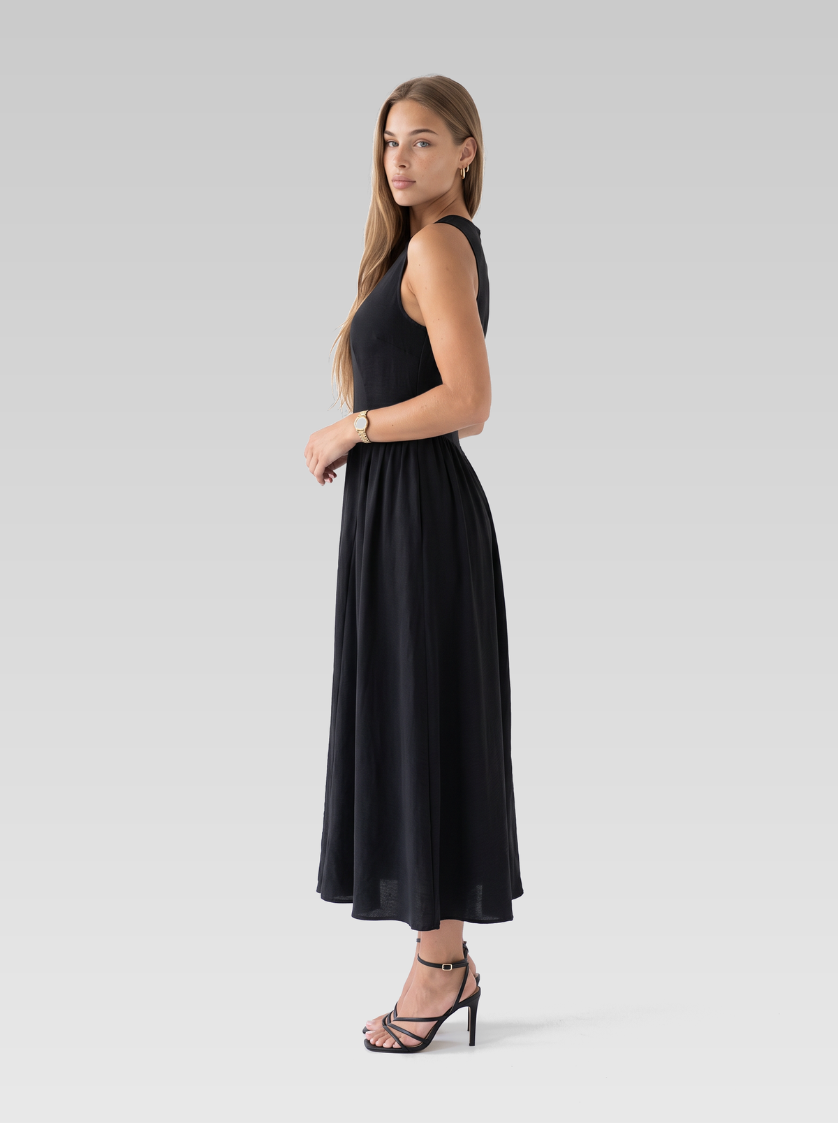 Black Sleeveless Pleated Midi Dress — Black — View 5