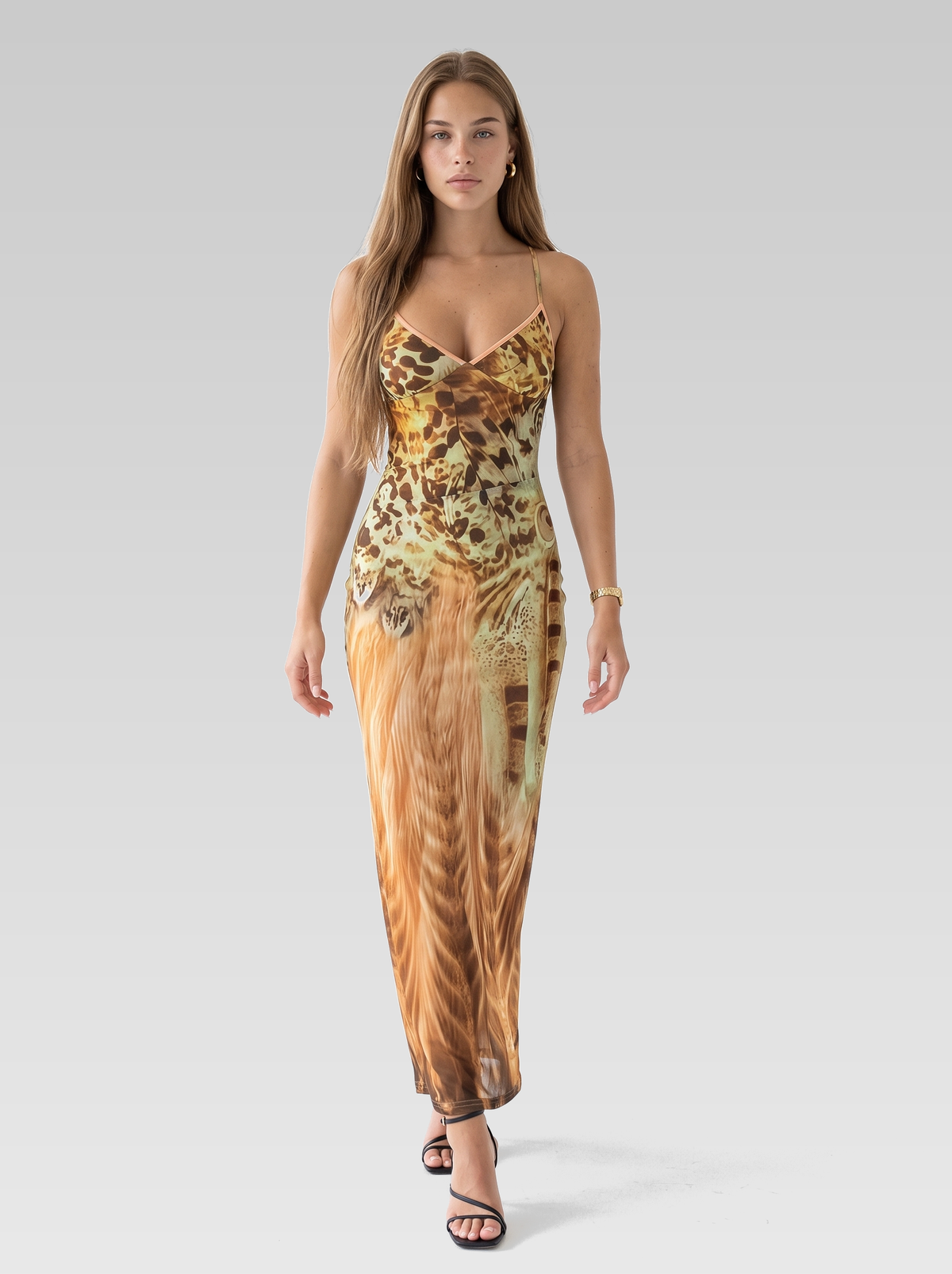 Animal Print Halter Maxi Dress — Green Amber Print — View 4