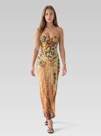 Animal Print Halter Maxi Dress — Green Amber Print — View 4