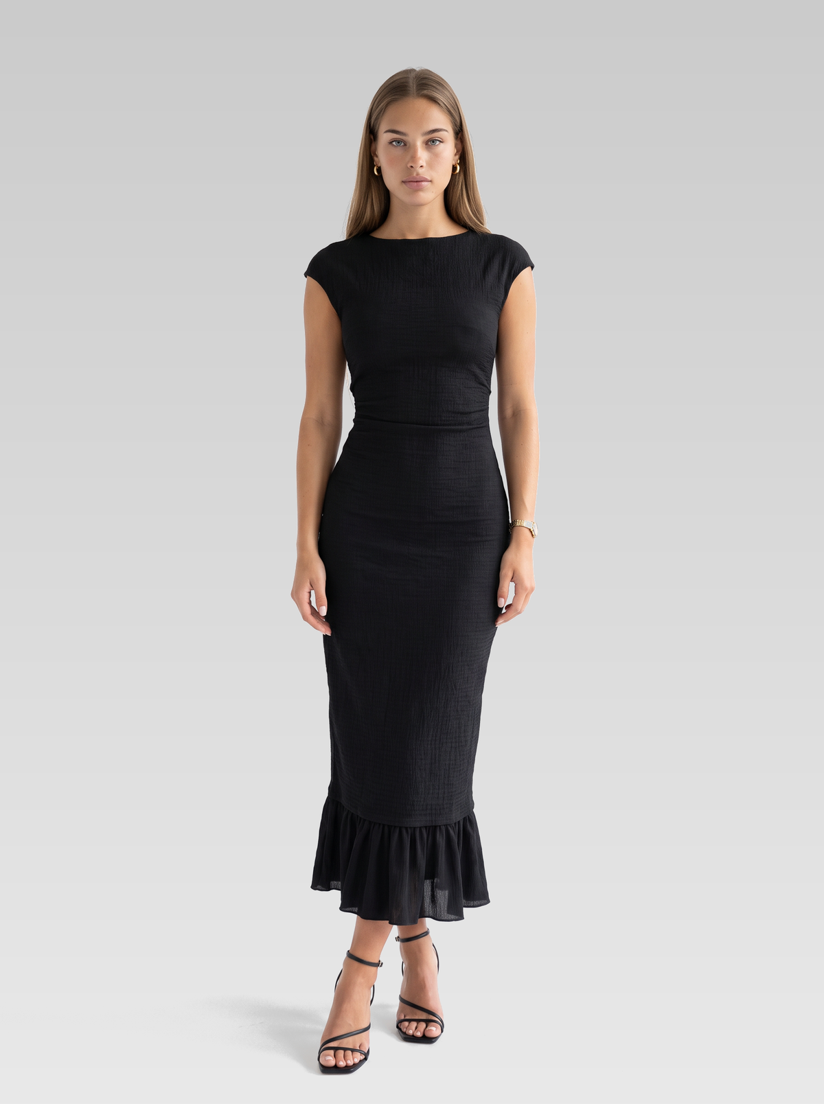 Cap Sleeve Bodycon Ruffle Hem Maxi Dress — Black — View 1