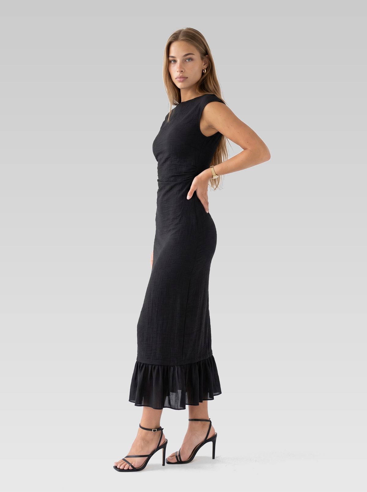 Cap Sleeve Bodycon Ruffle Hem Maxi Dress — Black — View 2
