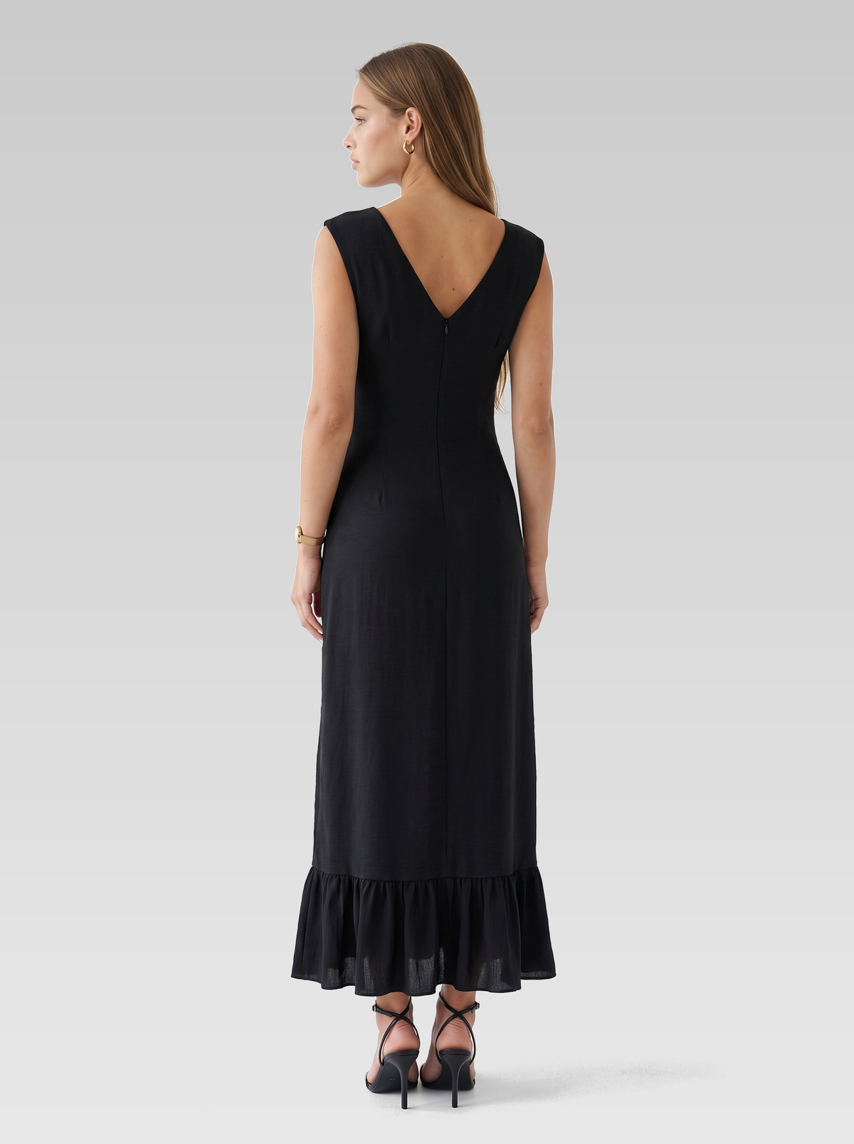 Cap Sleeve Bodycon Ruffle Hem Maxi Dress — Black — View 3