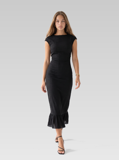 Cap Sleeve Bodycon Ruffle Hem Maxi Dress — Black — View 4