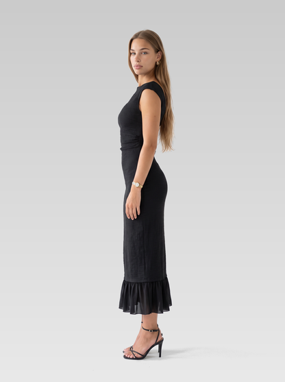 Cap Sleeve Bodycon Ruffle Hem Maxi Dress — Black — View 5