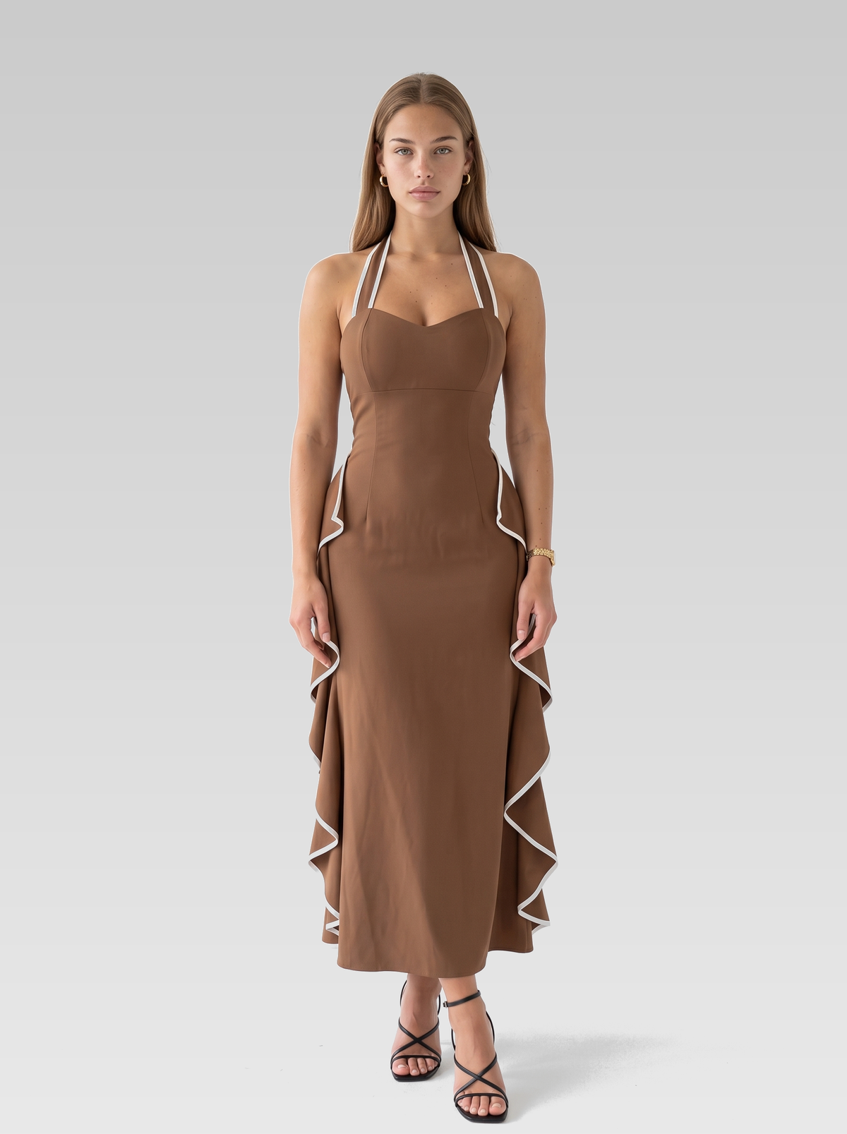 Halter Neck Bodycon Ruffle Maxi Dress — Chocolate Brown — View 1