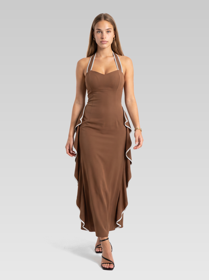 Halter Neck Bodycon Ruffle Maxi Dress — Chocolate Brown — View 4