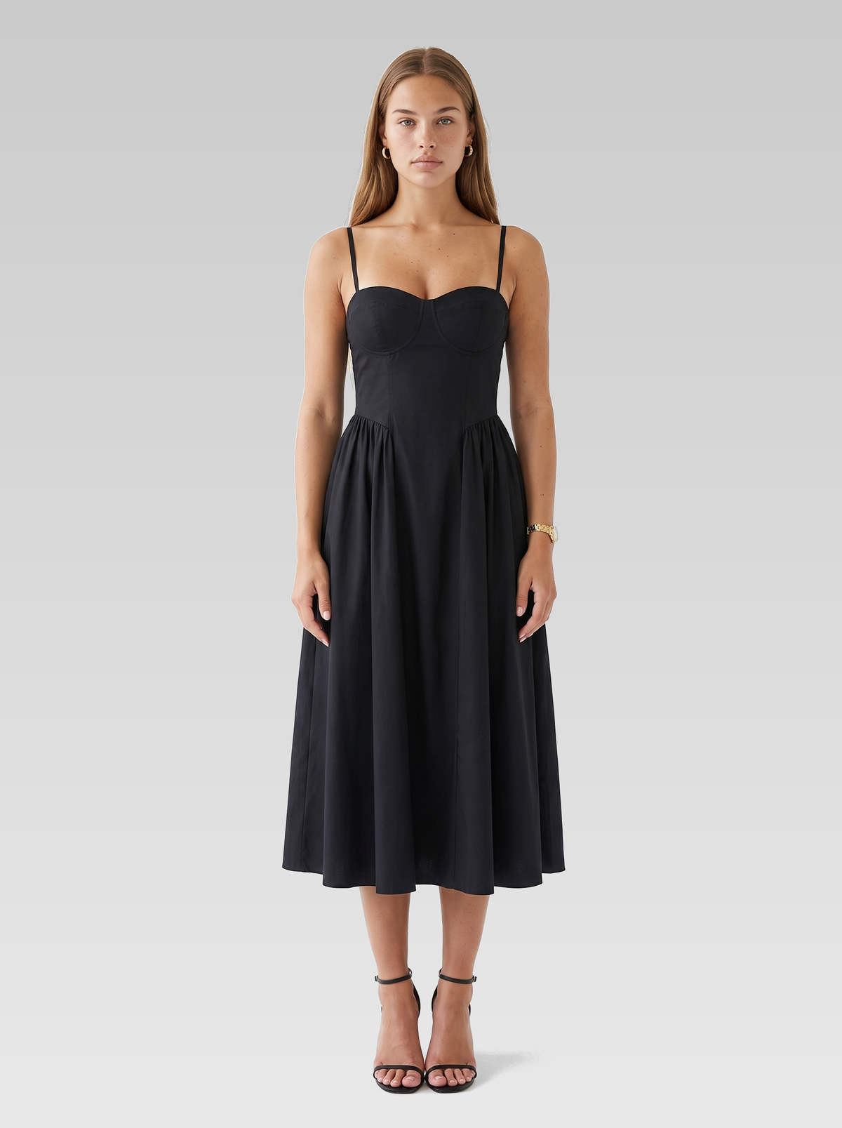 Sweetheart A-Line Cocktail Midi Dress — Black — View 1