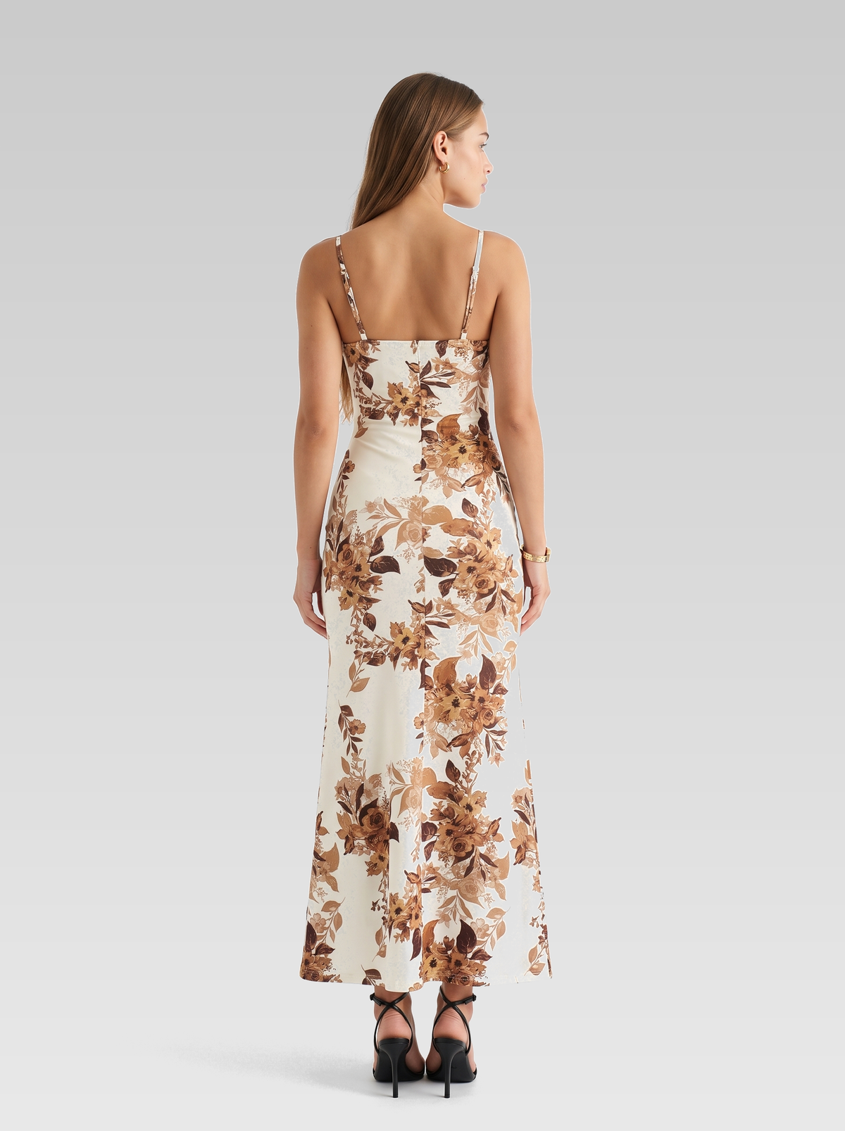 White Floral Fitted Maxi Dress — White Floral — View 3