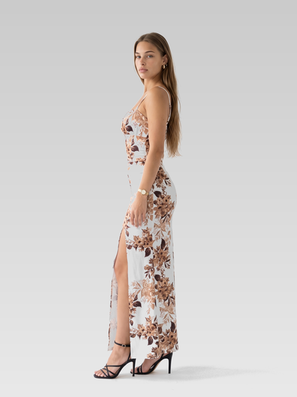 White Floral Fitted Maxi Dress — White Floral — View 5