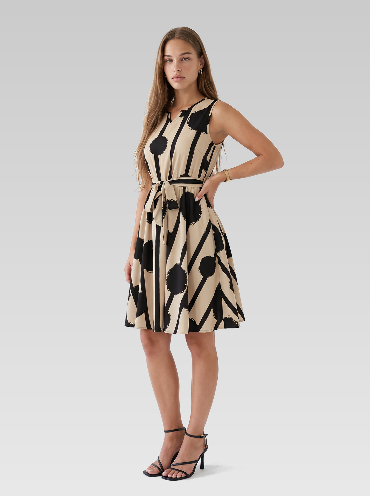 Beige Printed Sleeveless Knee Length Dress — Beige Print — View 2