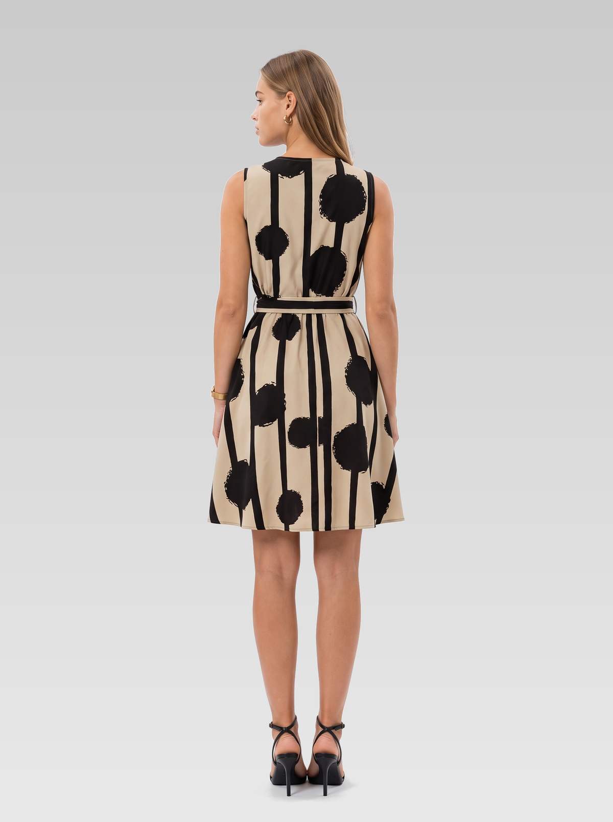 Beige Printed Sleeveless Knee Length Dress — Beige Print — View 3