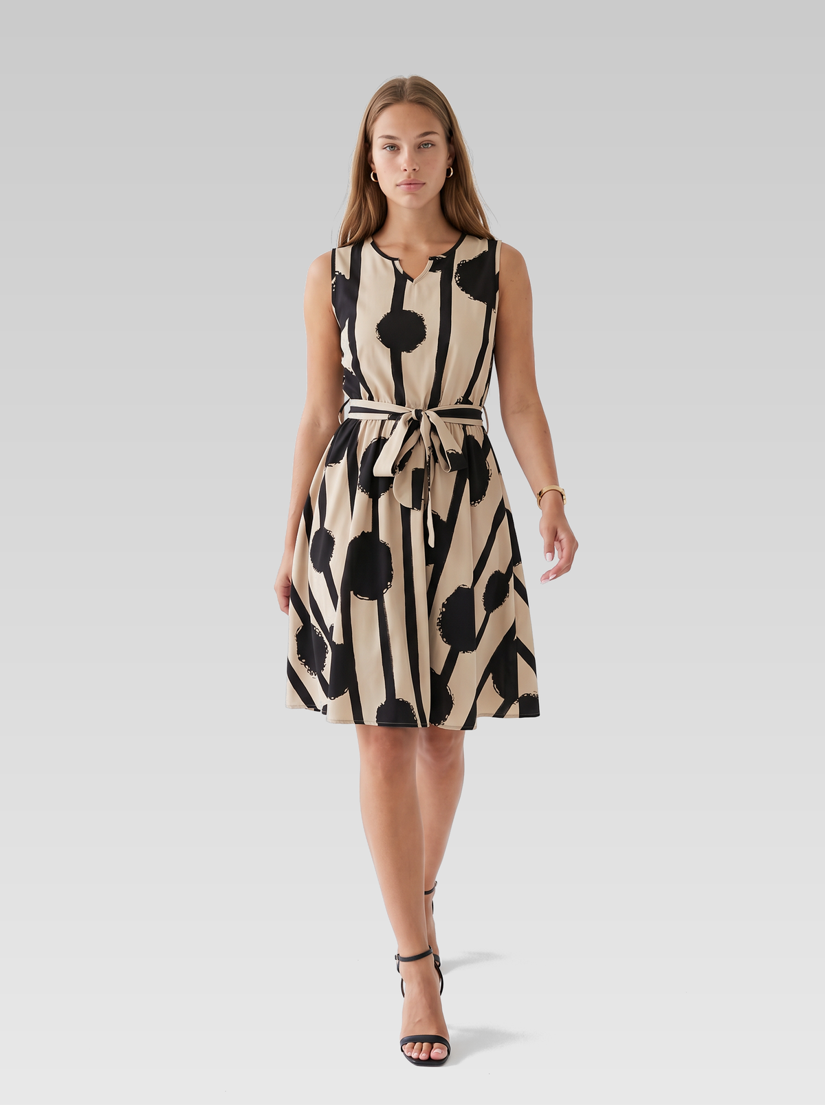 Beige Printed Sleeveless Knee Length Dress — Beige Print — View 4