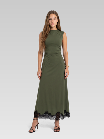 Lace Trim High Neck Ruched Maxi Dress — Olive Green — View 1