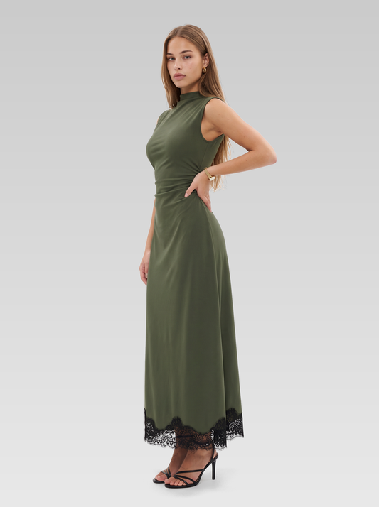 Lace Trim High Neck Ruched Maxi Dress — Olive Green — View 2