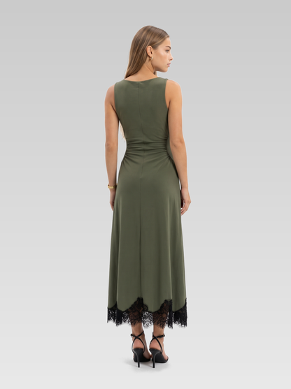 Lace Trim High Neck Ruched Maxi Dress — Olive Green — View 3