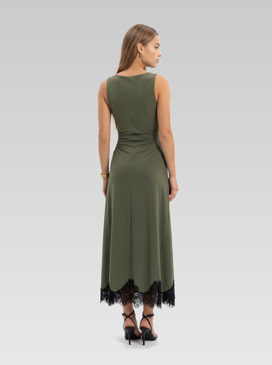 Lace Trim High Neck Ruched Maxi Dress — Olive Green — View 3