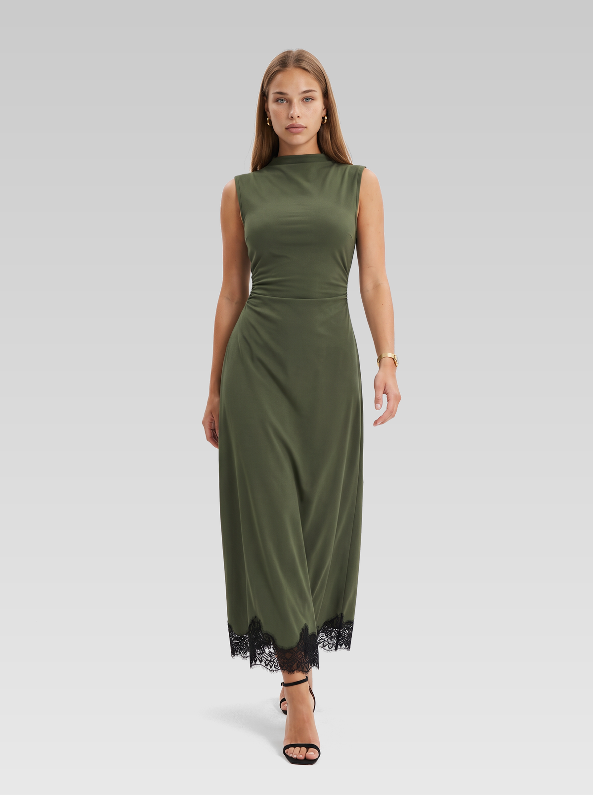 Lace Trim High Neck Ruched Maxi Dress — Olive Green — View 4