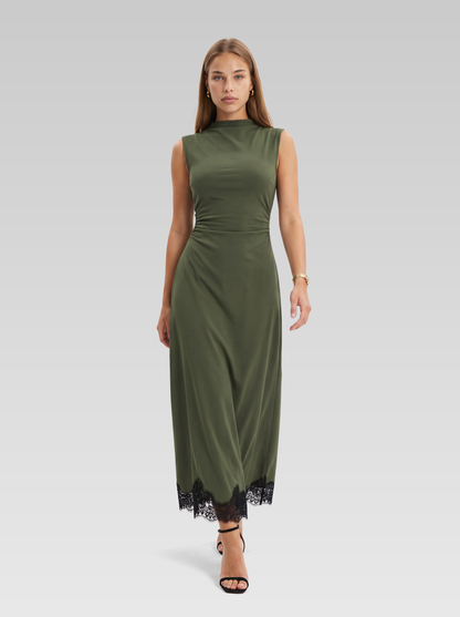 Lace Trim High Neck Ruched Maxi Dress — Olive Green — View 4