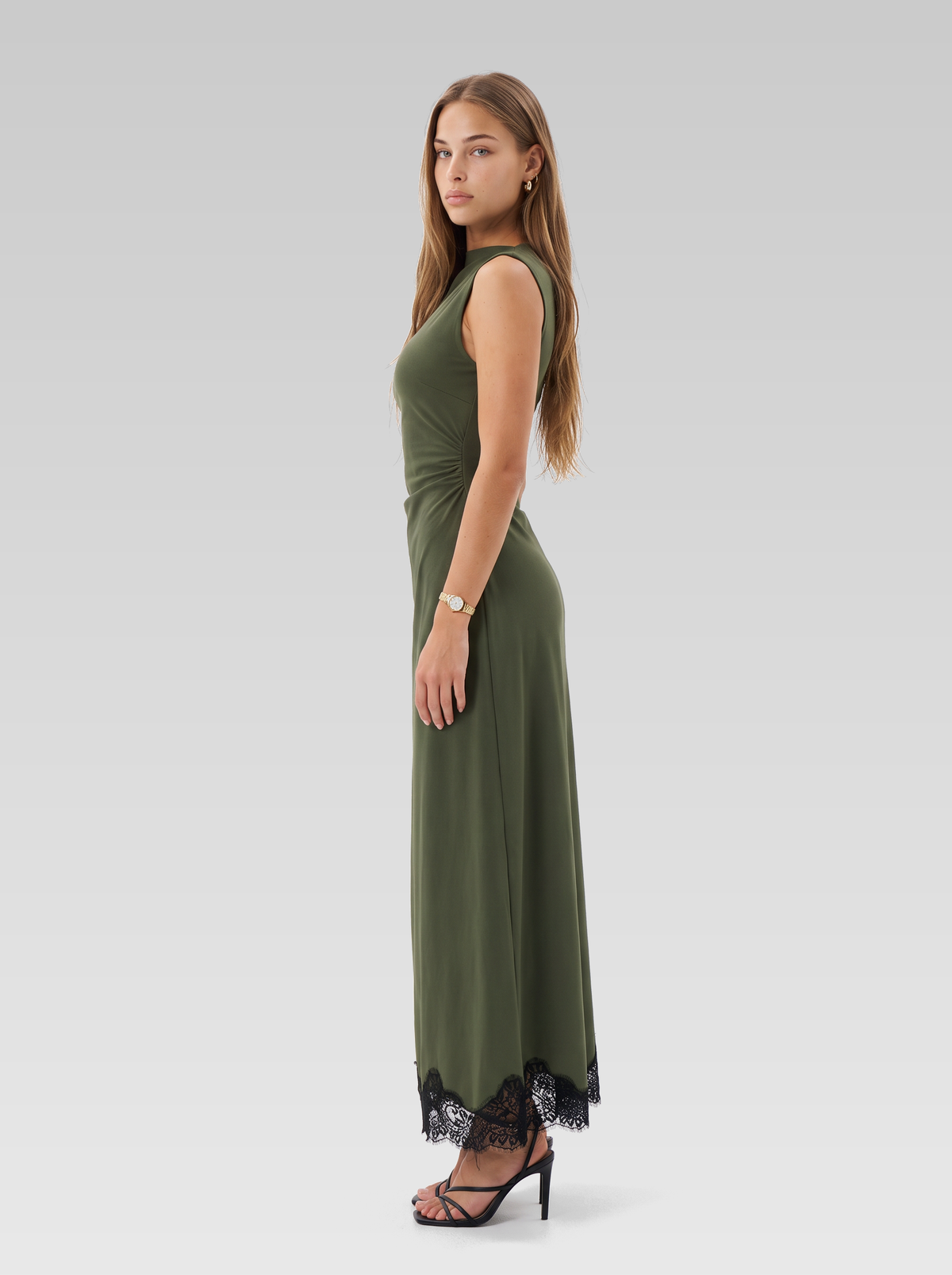 Lace Trim High Neck Ruched Maxi Dress — Olive Green — View 5