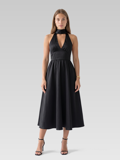 Halter Neck Backless Midi Dress — Black — View 1