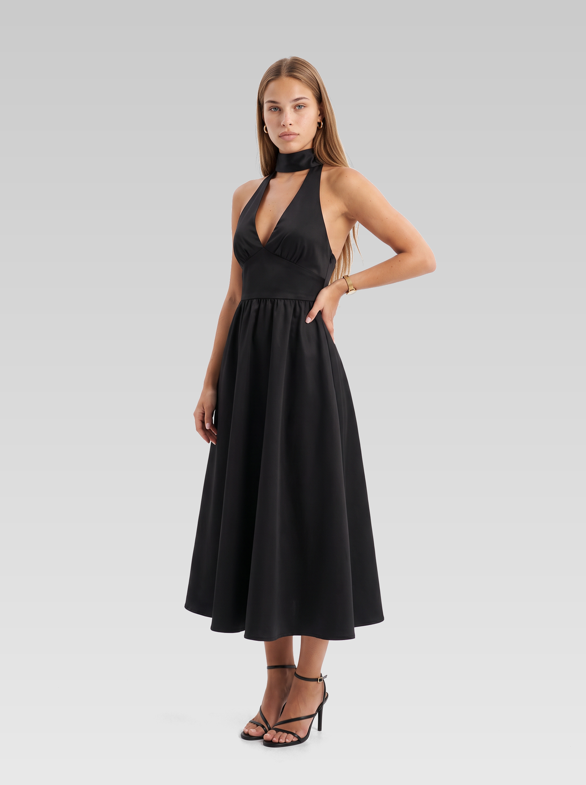 Halter Neck Backless Midi Dress — Black — View 2