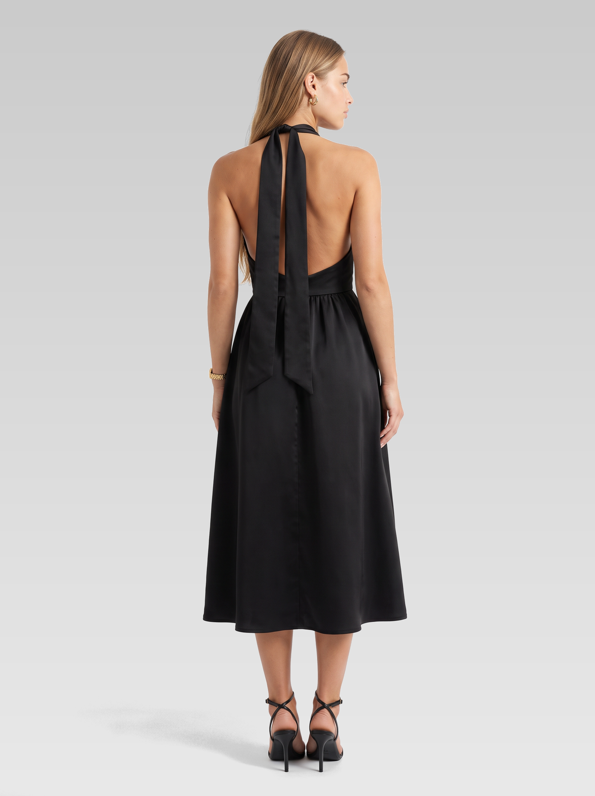 Halter Neck Backless Midi Dress — Black — View 3