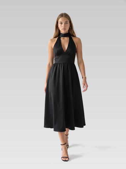 Halter Neck Backless Midi Dress — Black — View 4