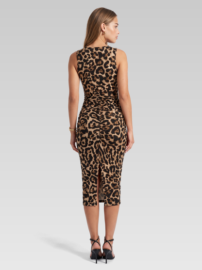 Brown Leopard Print Ruched Bodycon Midi Dress — Brown Leopard Print — View 3