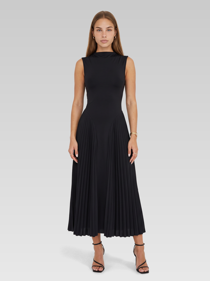 High Neck Sleeveless Pleated Midi Dress — Black — View 1