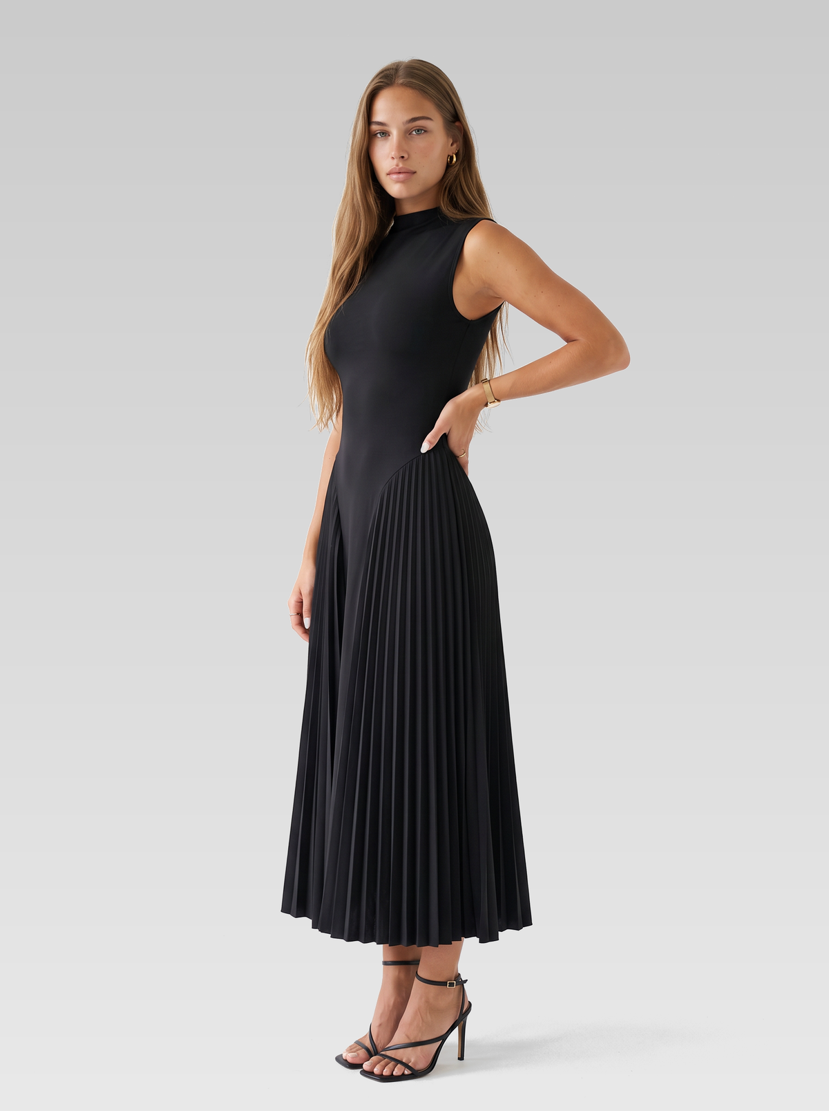 High Neck Sleeveless Pleated Midi Dress — Black — View 2