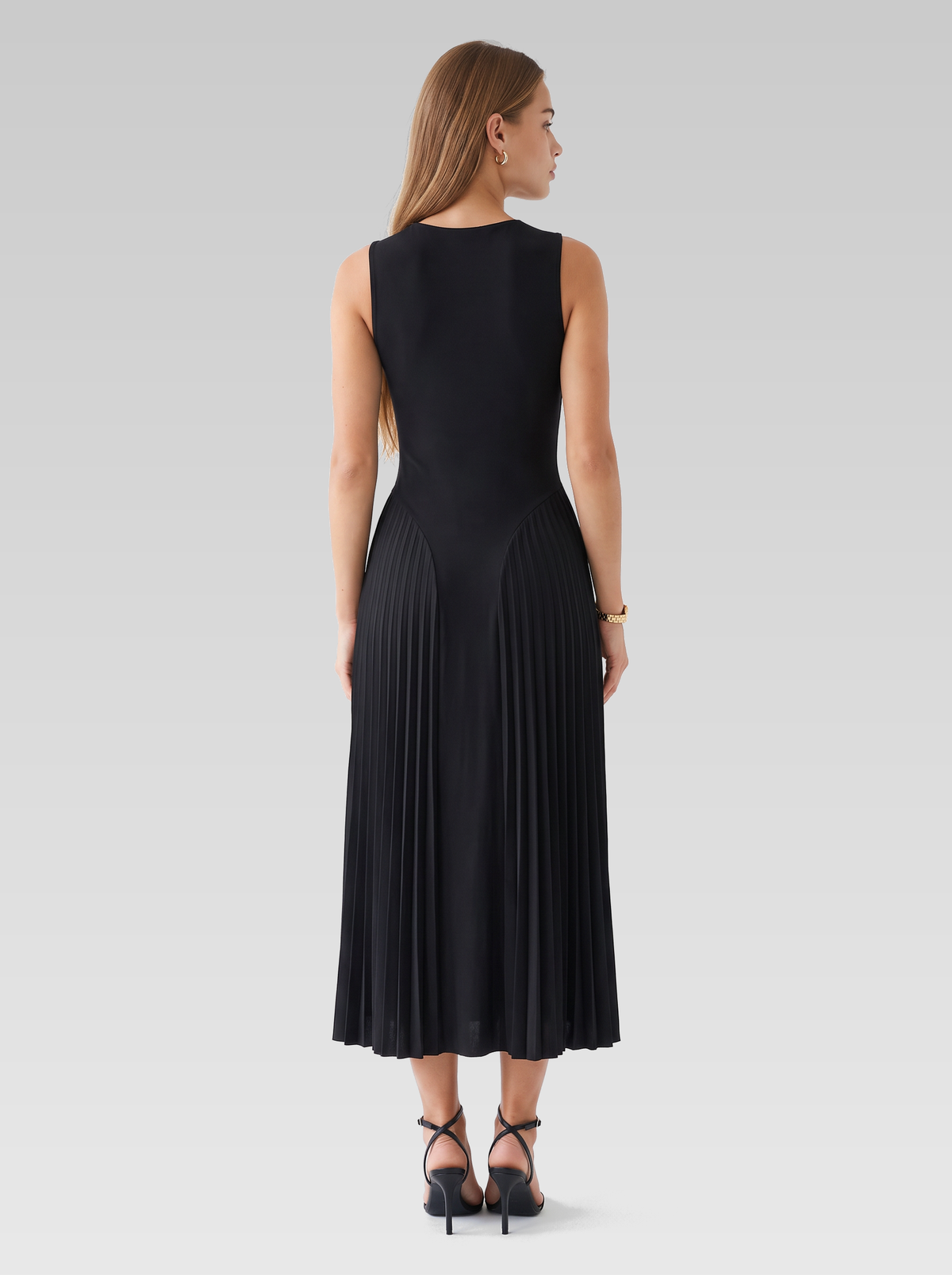 High Neck Sleeveless Pleated Midi Dress — Black — View 3