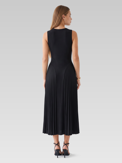High Neck Sleeveless Pleated Midi Dress — Black — View 3