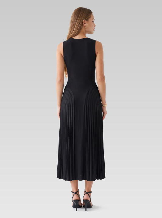 High Neck Sleeveless Pleated Midi Dress — Black — View 3