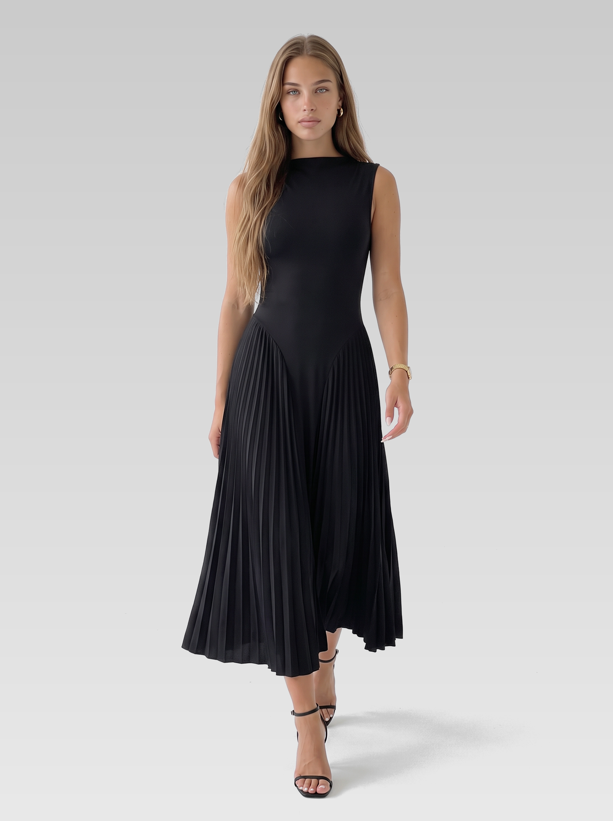 High Neck Sleeveless Pleated Midi Dress — Black — View 4