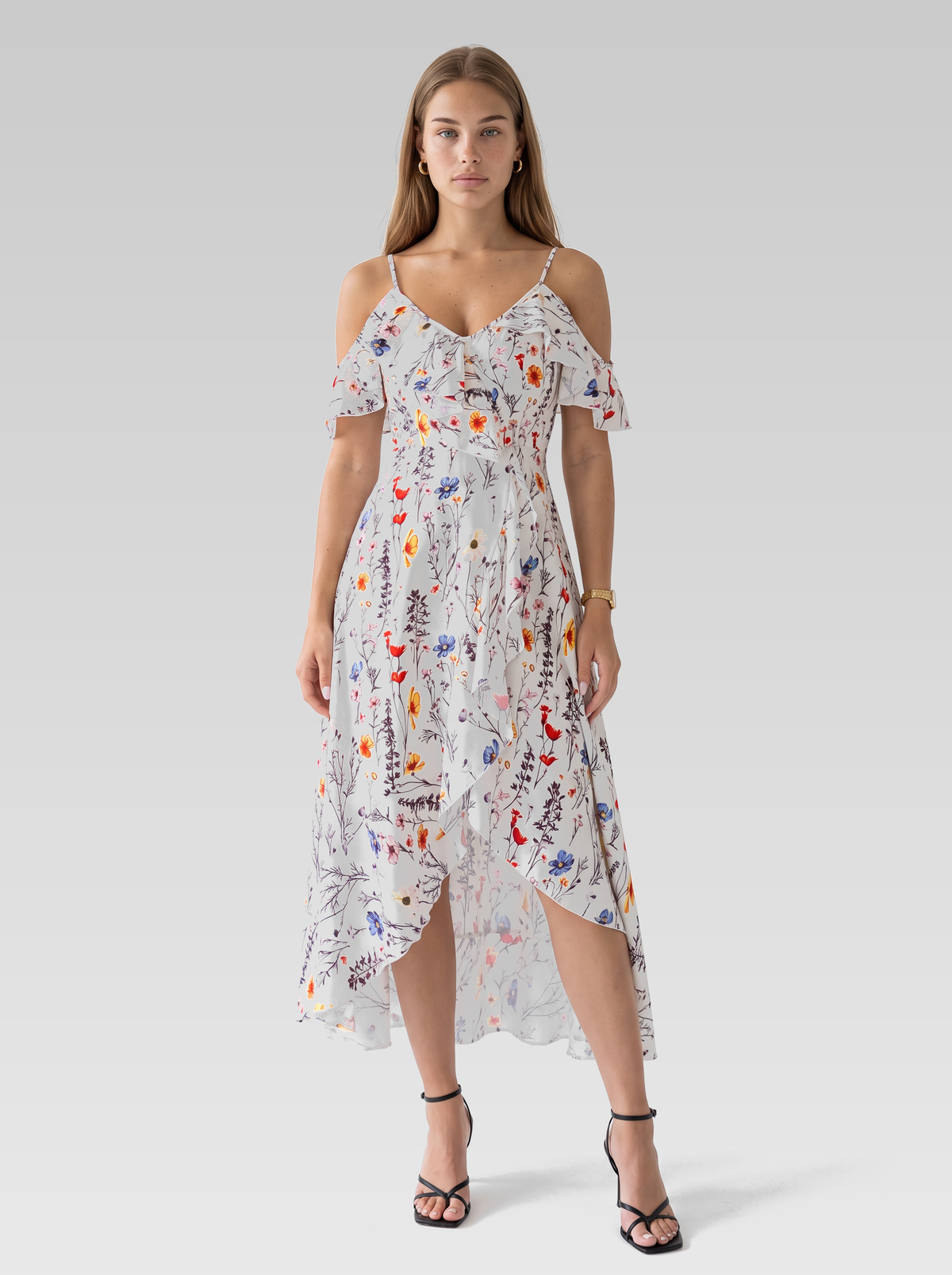White Floral High-Low Summer Ruffle Midi Dress — White Floral — View 1