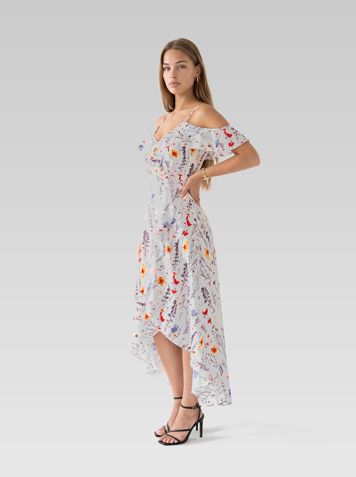 White Floral High-Low Summer Ruffle Midi Dress — White Floral — View 2