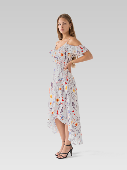 White Floral High-Low Summer Ruffle Midi Dress — White Floral — View 2