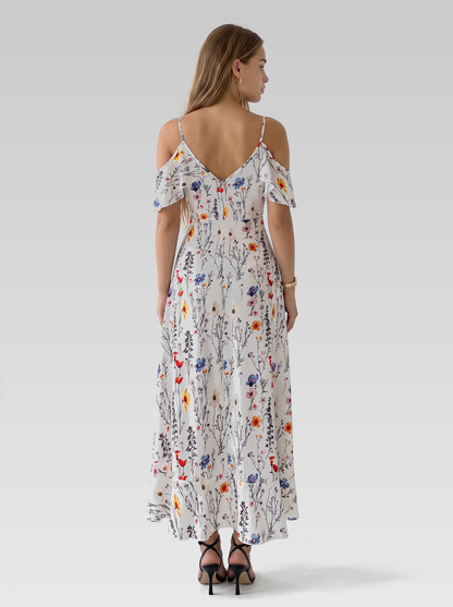 White Floral High-Low Summer Ruffle Midi Dress — White Floral — View 3